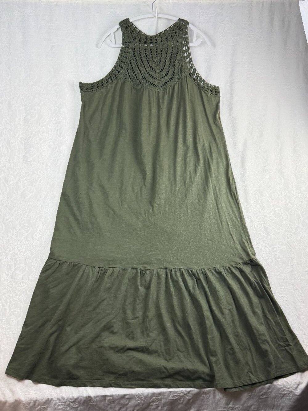 FatFace Women's 14 Olive Green Crochet Yoke Maxi Dress Boho Sleeveless Beautiful